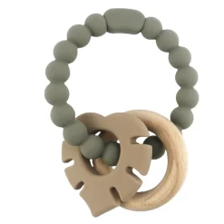 Biderangle i silikone m. træ og blad vedhæng. Grå