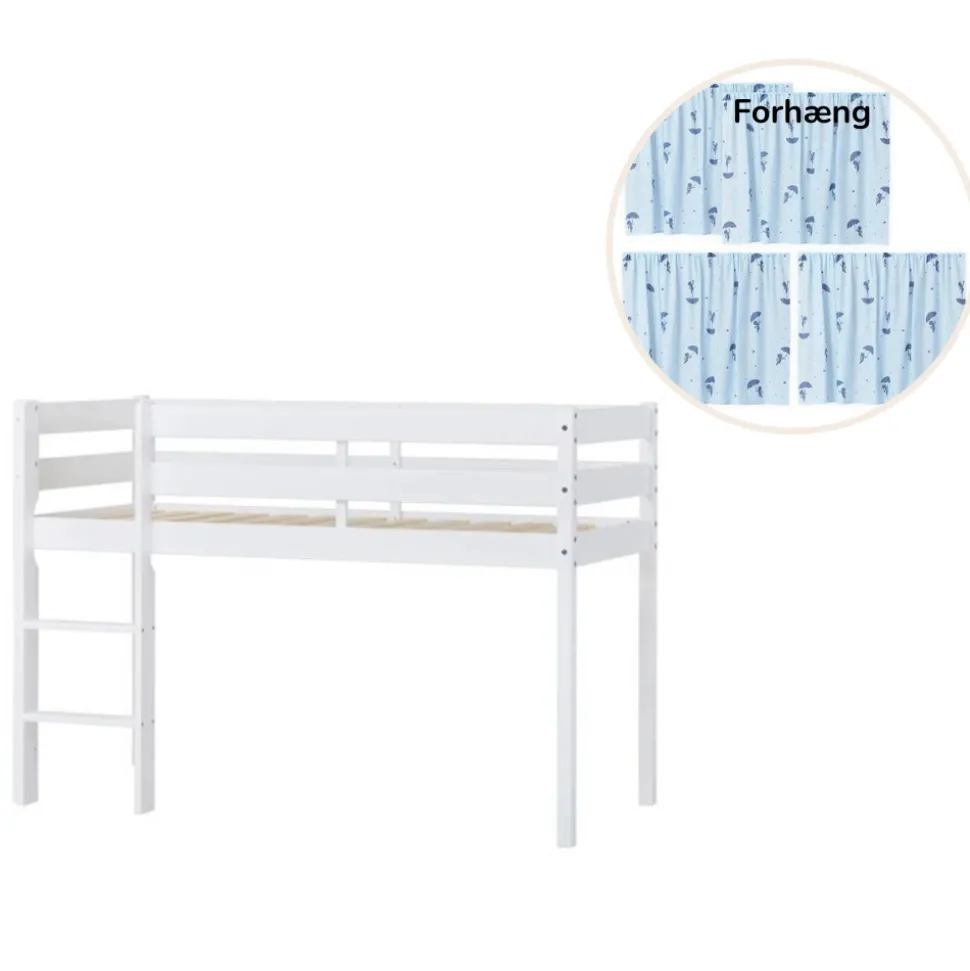 ECO Comfort halvhøj seng hvid, med forhæng blå