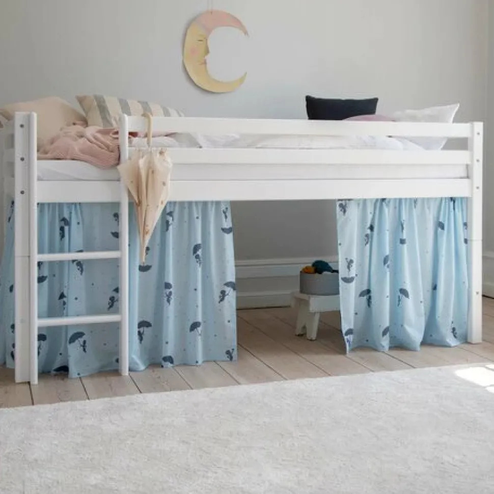 ECO Comfort halvhøj seng hvid, med forhæng blå