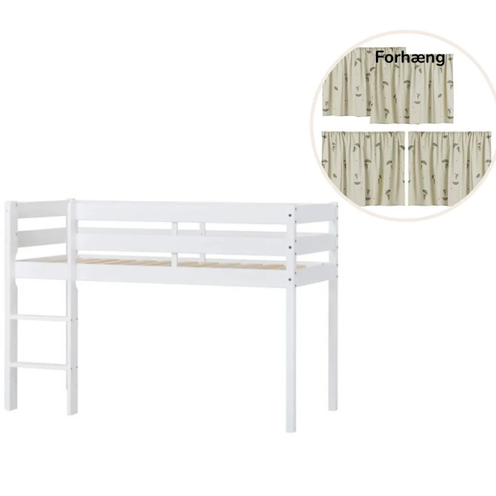 ECO Comfort halvhøj seng hvid, med forhæng grøn