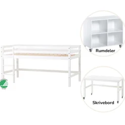 ECO Dream Halvhøj seng (delbar) hvid, med rumdeler og skrivebord