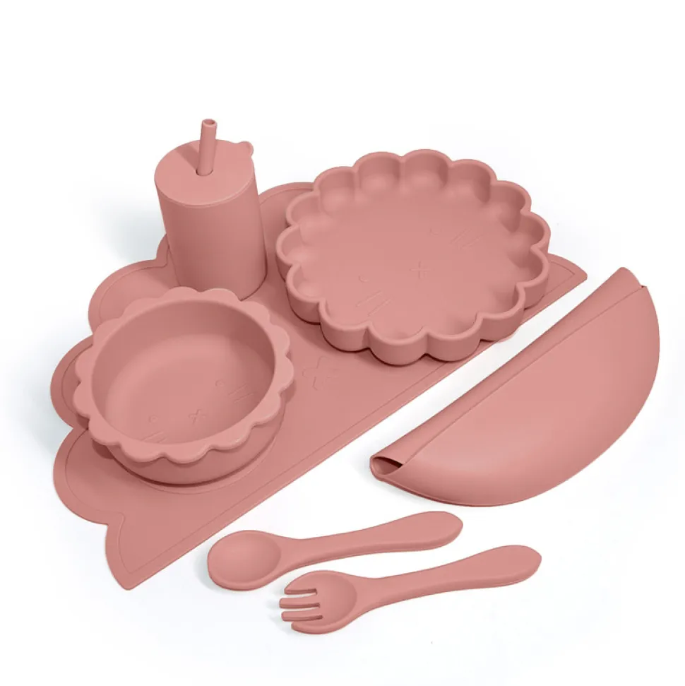 Komplet spisesæt i silikone, terra cotta, 7 dele