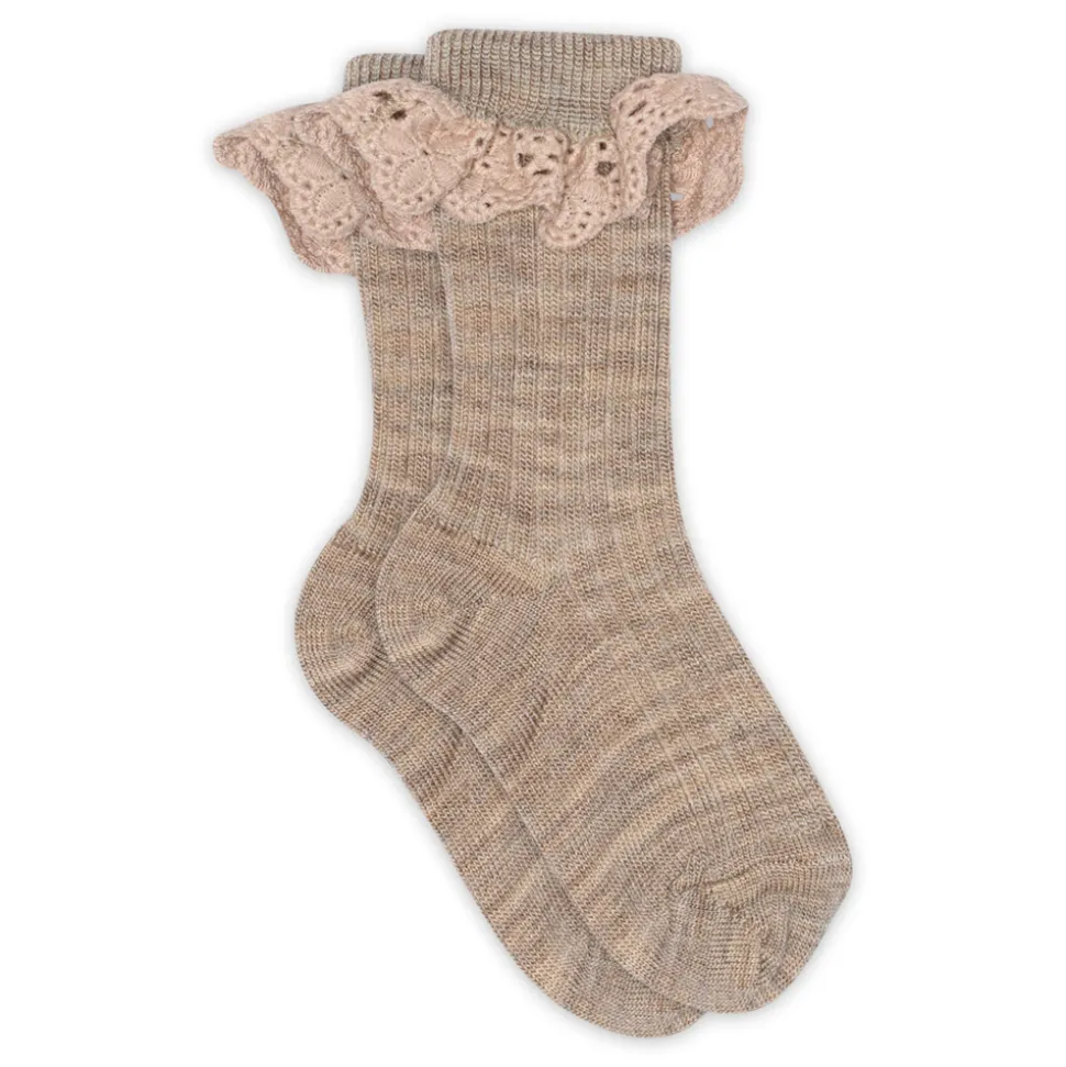 Lea strømpe med blonde - Light Brown Melange