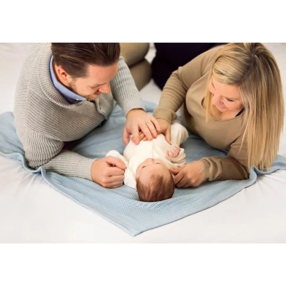 Striktæppe, bomuld, lyseblå