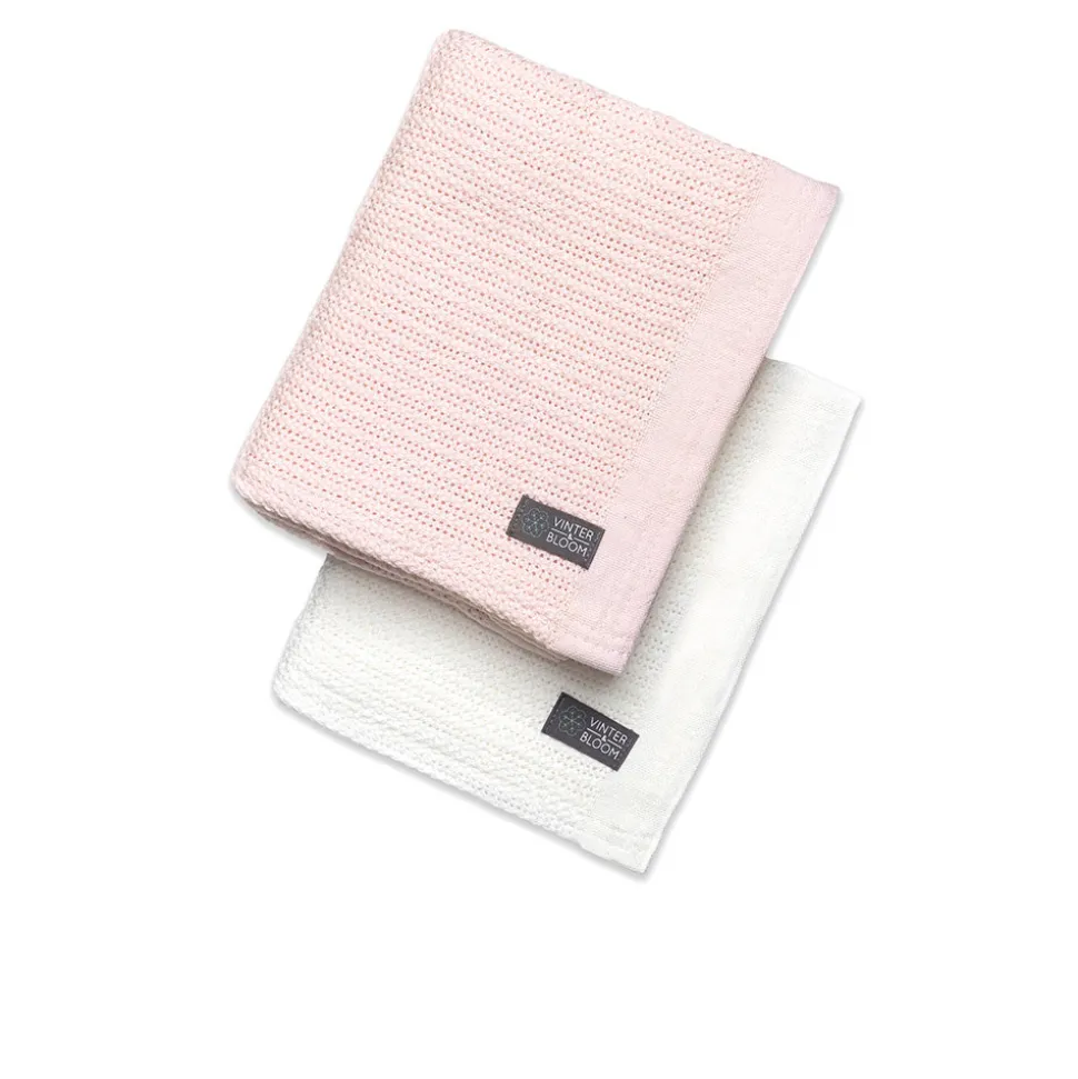 Striktæppe, 2-pak - hvid og lyserød