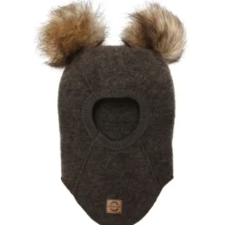 Uld elefanthue med pom pom - DARK BROWN MELANGE